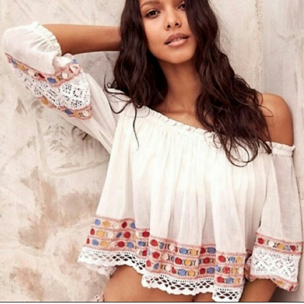 Free People Wander Off Shoulder Crochet Crop Top